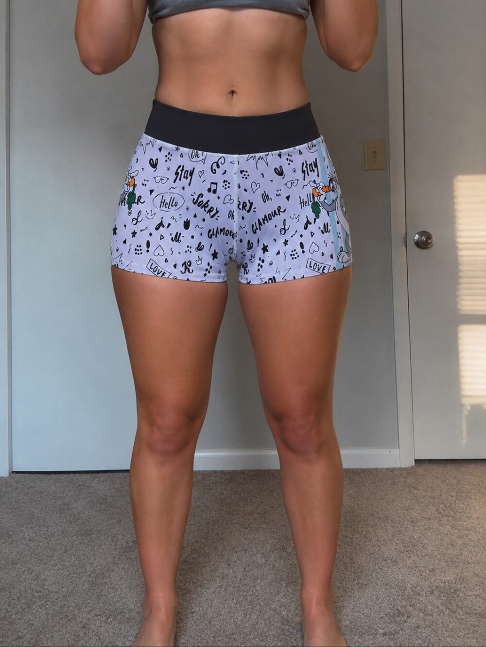 White Graphic Women’s Bike Shorts with Black Waistband